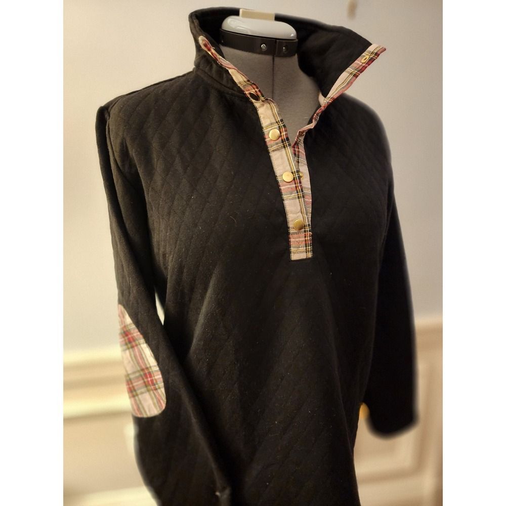 Top It Off Quilted Pullover Sweater Black Plaid Collar Elbow Patches Size S